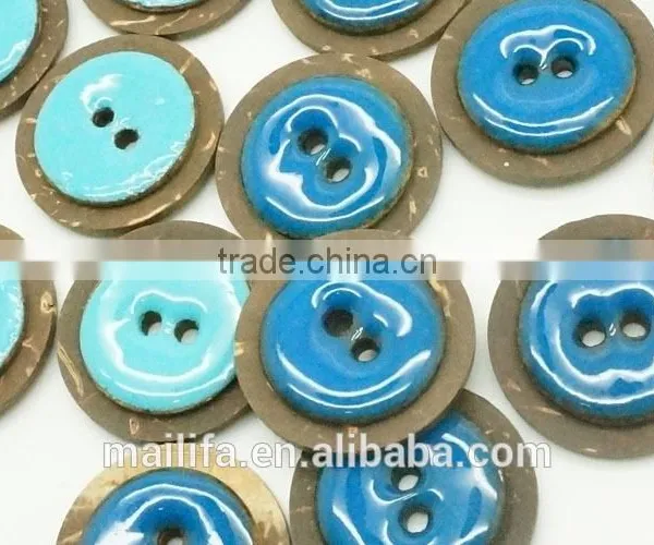 Fancy 2 Holes Round Blue, Light Blue Oil Enameling Coconut Shell Button photo-3
