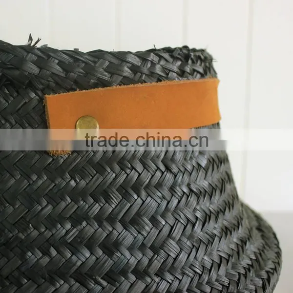 Black Seagrass Basket With Leather Handles/ Seagrass Basket for Home Decoration photo-3