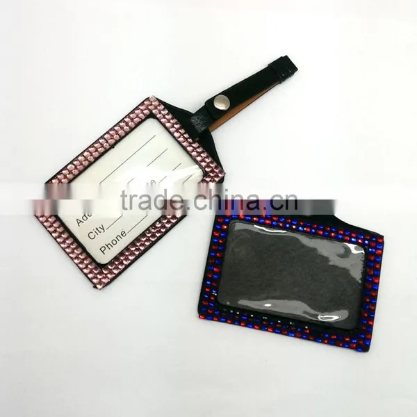 ID Holder With Light Blue Gem, High Quality Promotion Gift PU Leather Badge Holder With Crystal Gem Decoration photo-5