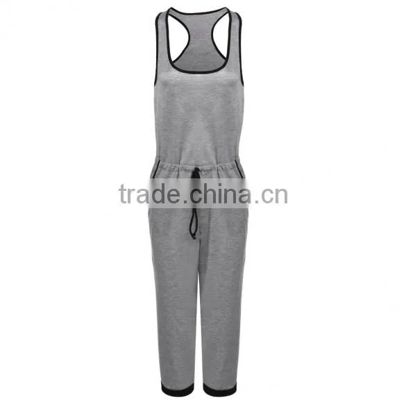 New Fashion O Neck Sleeveless Gray Calf-length Jumpsuit Drawstring Waist Pocket Casual Leisure Loose Romper Sexy Women Playsuit photo-2