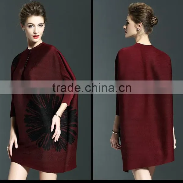 Creative Design Ladies Big Size Batwing Sleeve Pleated Dress With Buttons photo-6