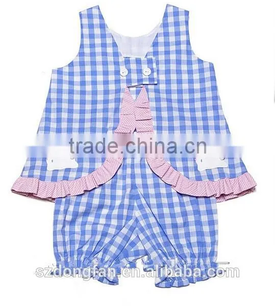 New Arrive Blue Check Easter Bunnies Baby Outfit Little Girls Summer Ruffle Sets photo-2