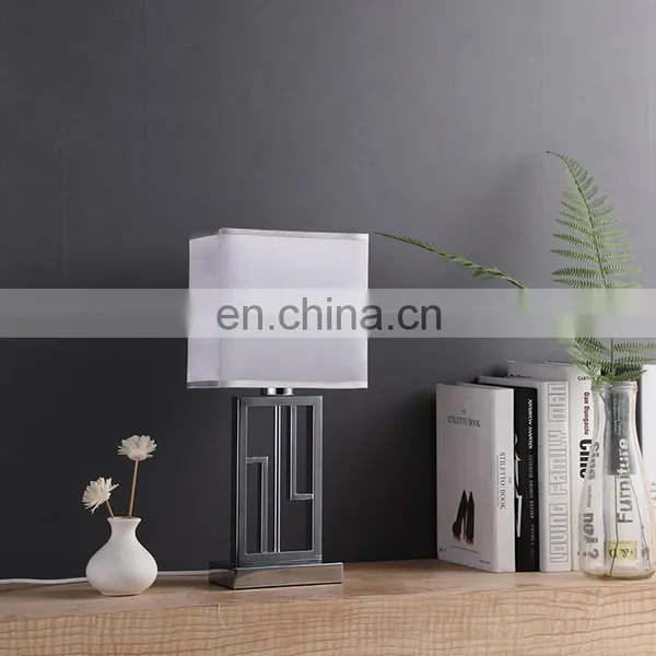 Oriental Modern Design Iron Rectangle Beautiful Bedside Table Lights With Silk Lampshade photo-2