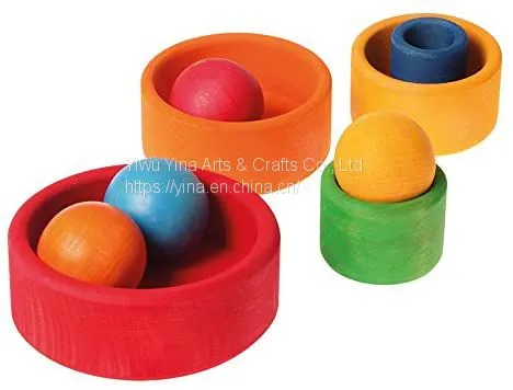 Set of 5 Playful Learning in Preschool Small Wooden Stacking & Nesting Rainbow Bowls Toys, Red Outside