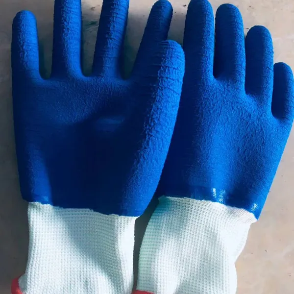 White Polyester Thread 13 Gauge Knitted Blue Sea Wave Wrinkled Latex Hand Full Coated Safety Work Gloves