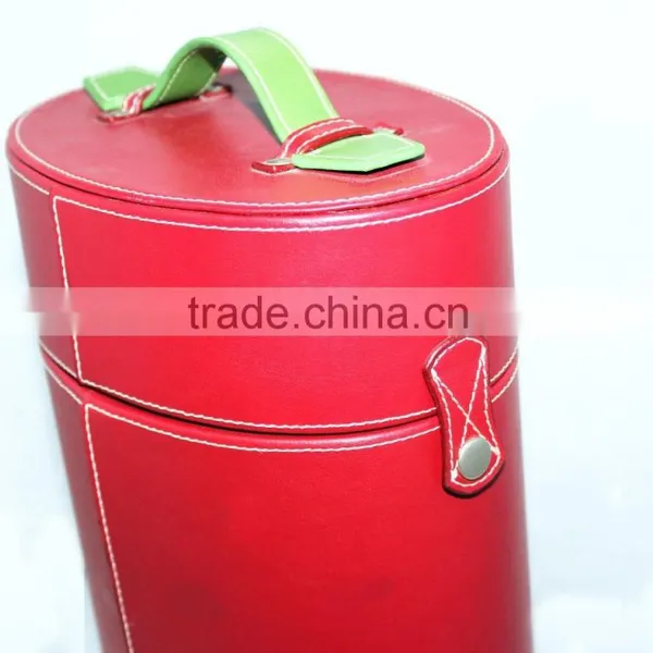 Red Color Leather Round Barrel Wine Box/Case With Handle photo-5