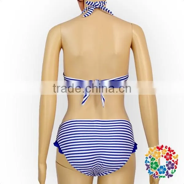 Wholesale Cheap Adult Women Swimsuit Blue White Stripe Bikini Set photo-5