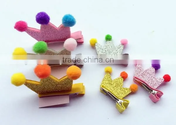 China New Design Cute no Slip Princess Crown Polyester Hair Clips Fabric Hairpin With Sequin Pompon for Bulk Boutique photo-2