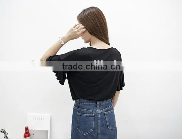 Summer 2017 Han Edition Round Neckline Necklace Lotus Leaf Sleeve Loose Pure Color Short Sleeve T-shirt Bertha photo-5