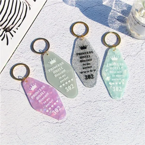 Custom Logo Printing Plastic Motel Keychain Glitter Hotel Acrylic Keychain