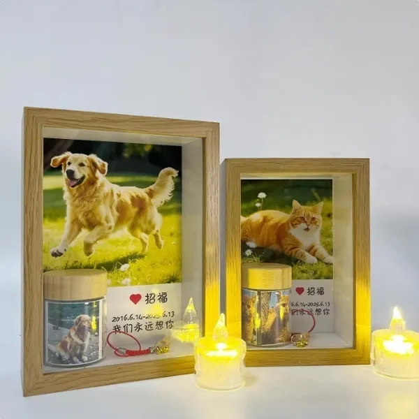Pet Memorial Photo Frame With LED Light Wooden Pet Loss Frame With Pet Ashes or Hair