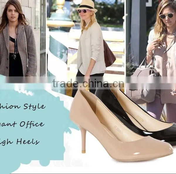China Wholesale Market Ladies Shiny Beige Round Closed Toe Ladies Stiletto Heel Dress Shoes