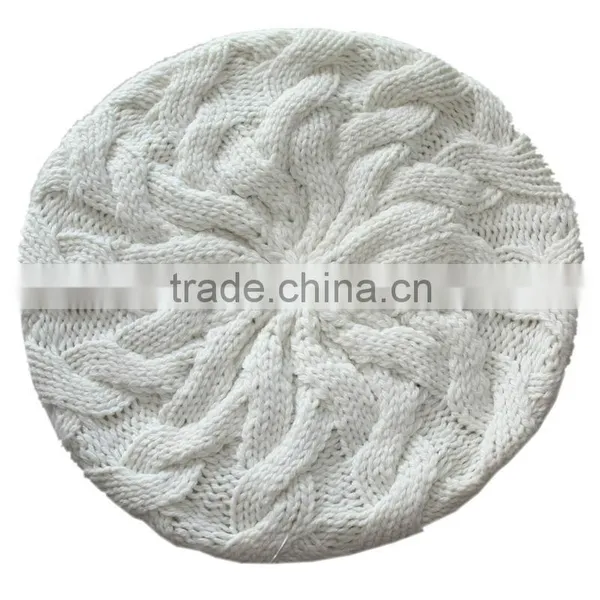 2014 Fashion White Cable Knit Cap Hat Beret With Black Rib Cuff