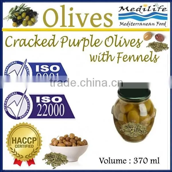 Cracked Purple Olives With Fennels. High Quality 100% Tunisian Table Olives. Cracked Olives 370 ml Glass Jar