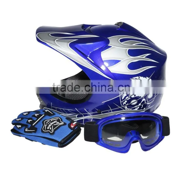 Youth Blue Skull Dirt Bike ATV Motocross Helmet Goggles+Gloves+Interphone S M L photo-2