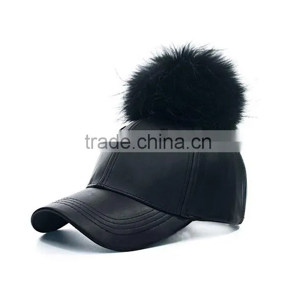 Myfur Wholesale Colors Winter Leather Pom Baseball Cap With Fur Pom Pom photo-3