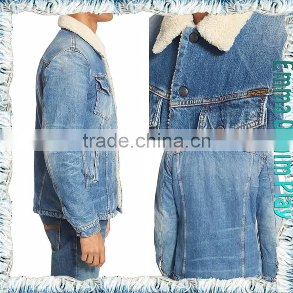 2016 Wholesale Men's Raw Blue Slim Long Sleeve Thick Fleece Lined Winter Denim Jackets photo-5