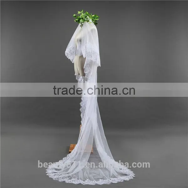 2017 Wholesale Wholesale White Wedding Lace Bridal Veils Fashionable Long Tulle HL09 photo-3