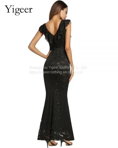 Ruffled V-neck High Waist Sheath Lace Mermaid Dress photo-2
