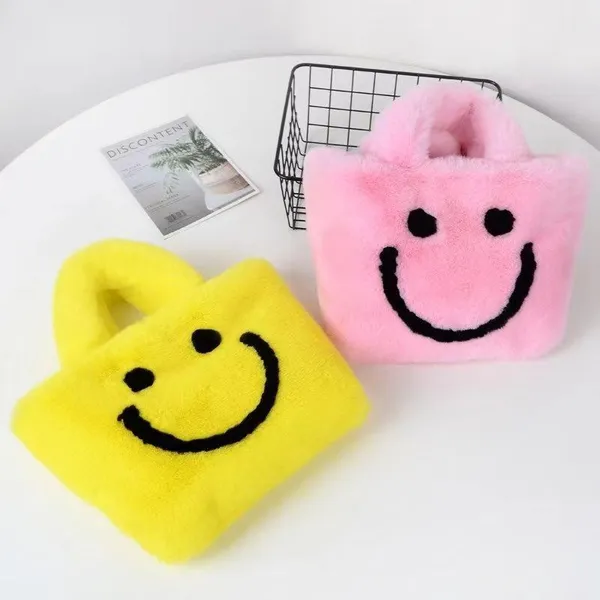 020Wholesale Fashion Faux Fur Bags Smile Face Tote Bags Plush Bags Large Space photo-2