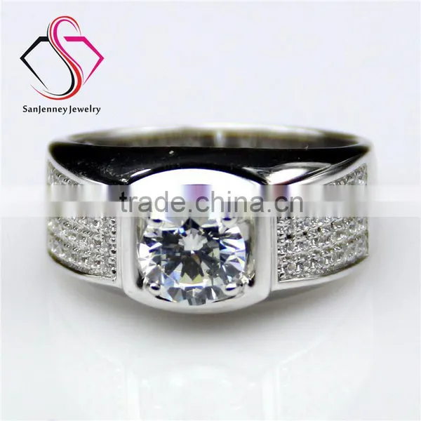 Round Brilliant Cut Moissanite 1CT 6.5mm Center 14k 18k White Gold 4 Row Accents Wide Wedding Band Men's Diamond Band