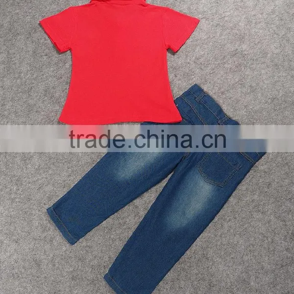 2016 New Arrival Fashion Children Clothing Boy Outfits Handsome Boy Red Cotton Shirt+jean Pants 2pcs Suit Set photo-3