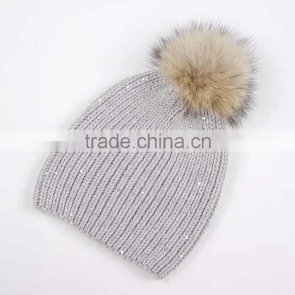 Top Quality Knit Beanie Hat Genuine Raccoon Fur Pompom Hats KZ150123