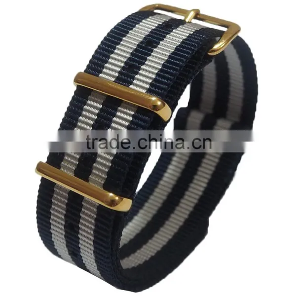PVD Gold Custom Black Gray Striped Nylon Watch Bands 16MM
