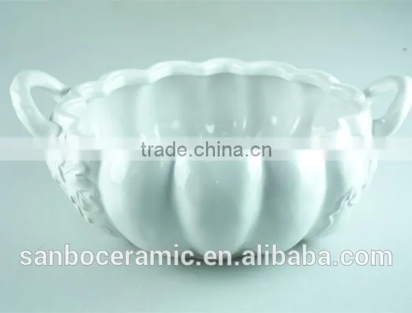 Ceramic/porcelain White Soup Tureen Pot Pumpkin Shaped With Handles no Lid photo-2