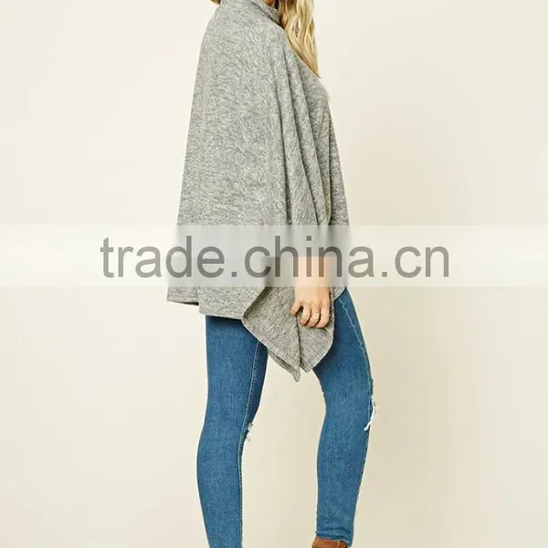 High Quality Custom Comfortable Girls Women Soft Knit Mock High Neck Poncho Pullover Draped Cape Flare Sleeves Blouses Tops photo-5
