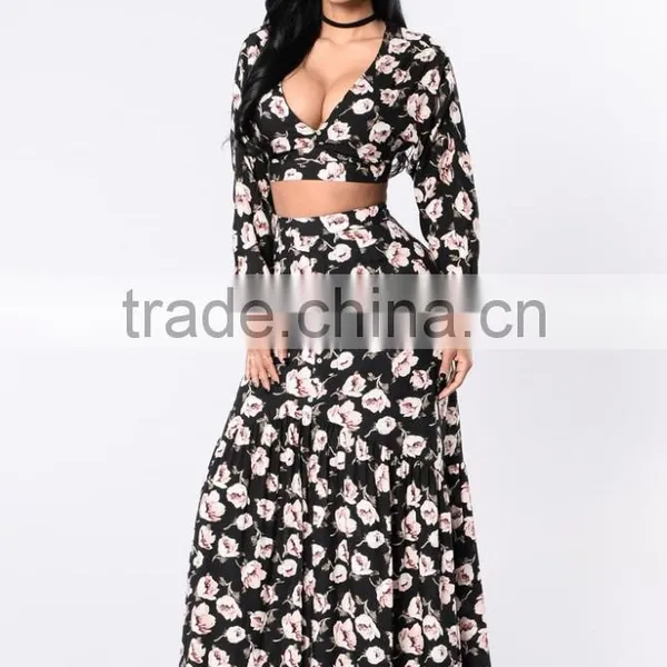 100% Rayon Floral Matching Set Long Sleeve V Neckline Open Back Crop Top and Maxi Skirt Set photo-2