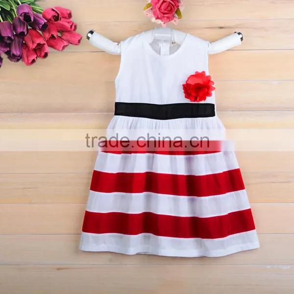 New Girls Flower Dresses Red and White Striped Princess Short Sleeve Dress for Birthday Wear SV000318