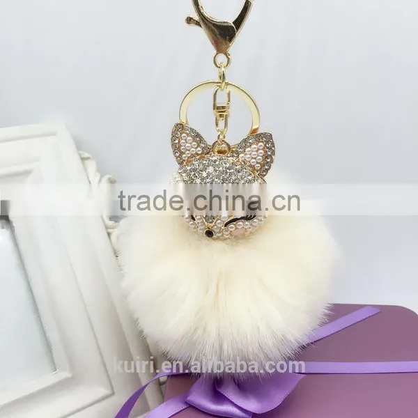 Fahsion Fox Head Faux Fur Keychain HandBag Rhinestone Pendant Charm Soft Car Key Ring 4 Colors Fmq-11 photo-3