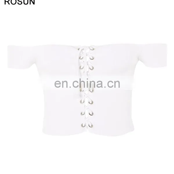 Ladies Lattice Front Knit Bardot Crop Top 2017 photo-4