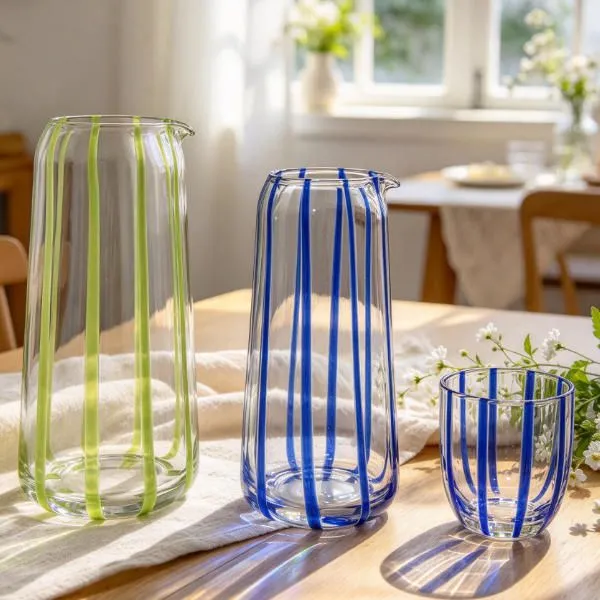 Colorful Striped Glass Carafe and Tumbler Set