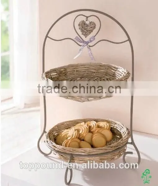 Two Tier Rustic Metal Stand With Wicker Plate and Wicker Heart and Ribbon Bow Decorated (46H-097) photo-3