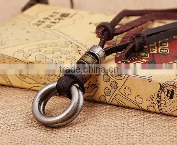 Original Genuine Brown Leather Cord Double Alloy Circle Pendant Punk Jewelry Men Necklace photo-2