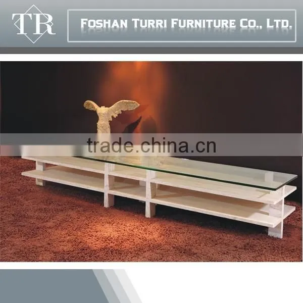 Italian White Travertine Stone Base Glass End Table photo-3