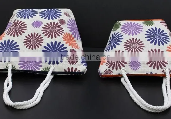 Flora Print Jute Beach Bag With Twisted Rope Handle & With Top Zip Closure photo-3