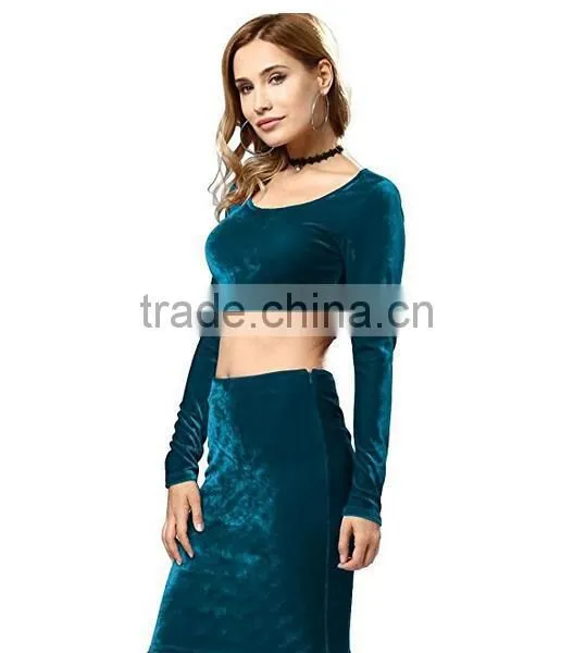 Dropshipping Apparel 2017 Latest Fashion Women's Pleuche Sexy Bodycon Crop Top Midi Skirt Dress 2 Piece Outfit Set photo-4