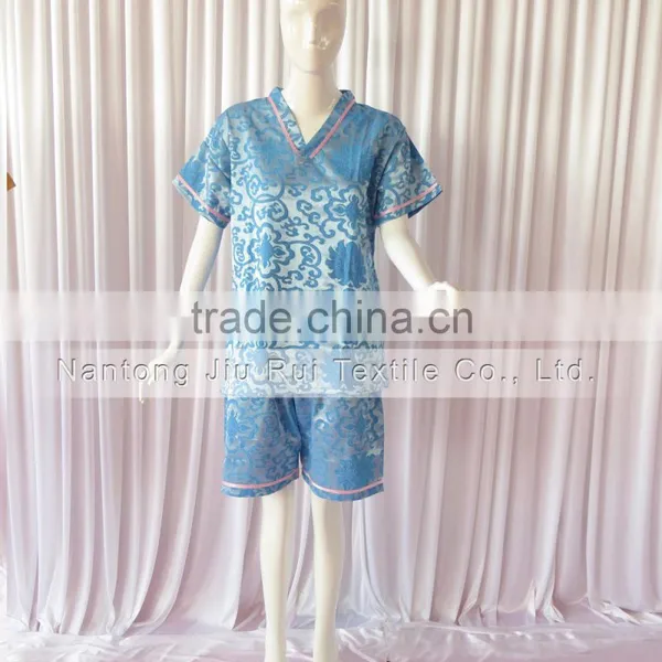Bule/Rich Floral Pattern Sweat Steaming Clothes V-Neck Jacquard Family Pajama Set Short Sleeve Women/Men Pajamas photo-2