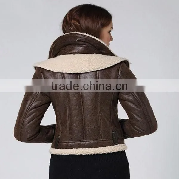 2014 Brown Lamb Wool Shearling Women Leather Jacket With Fur Collar photo-5
