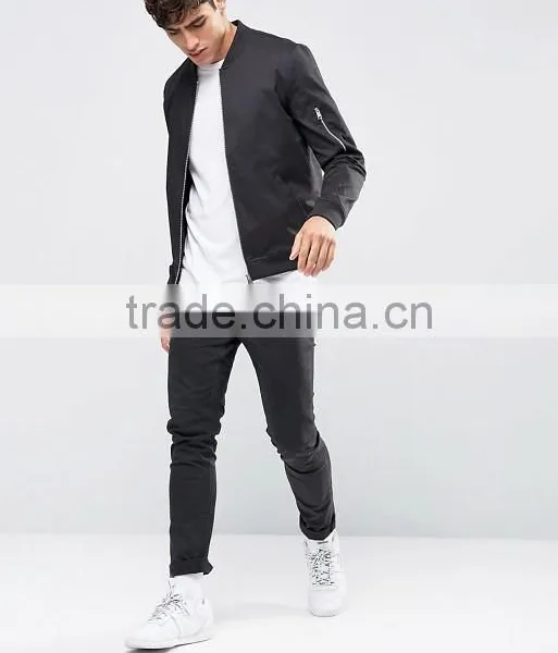 Wholesale Best Price High Quality New Design Durable Ribbed Collar Cotton Spandex Black Casual Men Bomber Wind Jacket photo-4