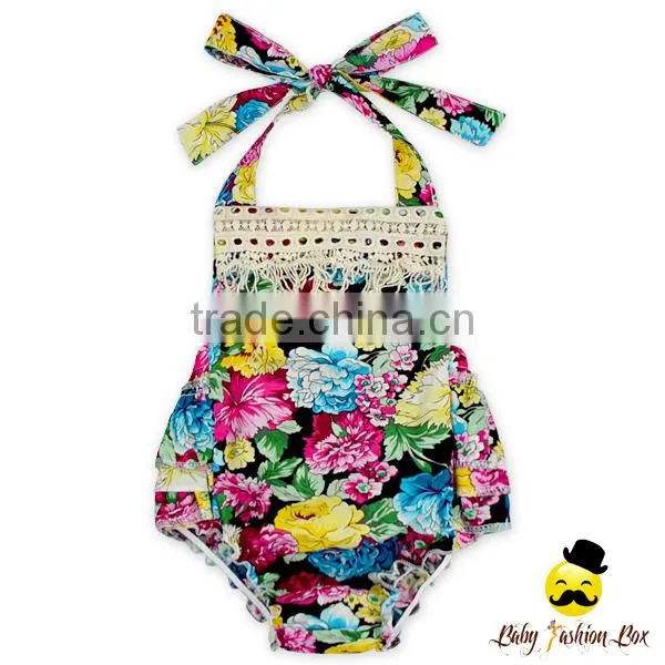 100%Cotton Summer Flower Printed Sleeveless Halter Fringe Toddler Baby Girl Floral Romper Harem Infant Newborn Clothes photo-3