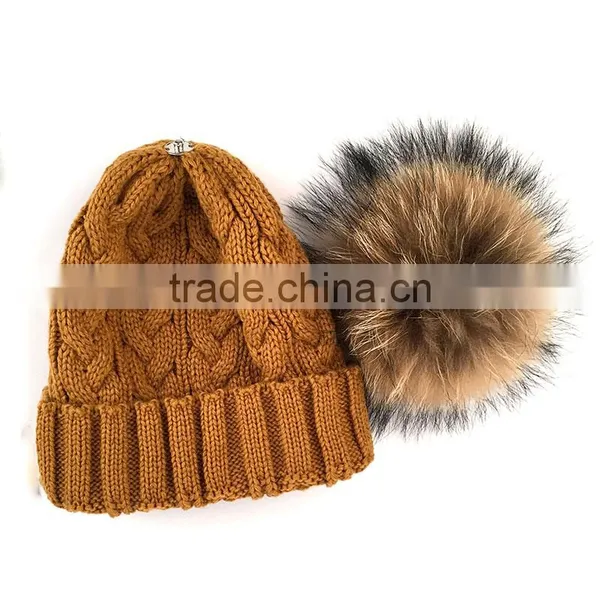 Myfur Caramel Wool Winter Knit Hat With Raccoon Fur Pom Poms photo-3