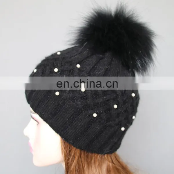 Fashion Design Black Knitted Pattern Wool Blend Hats With Fur Pom photo-3
