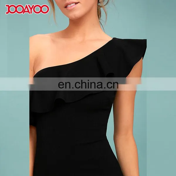 Ladies One Shoulder Ruffle Sheath Bandage Dress Fashion Bodycon Midi Dress photo-5