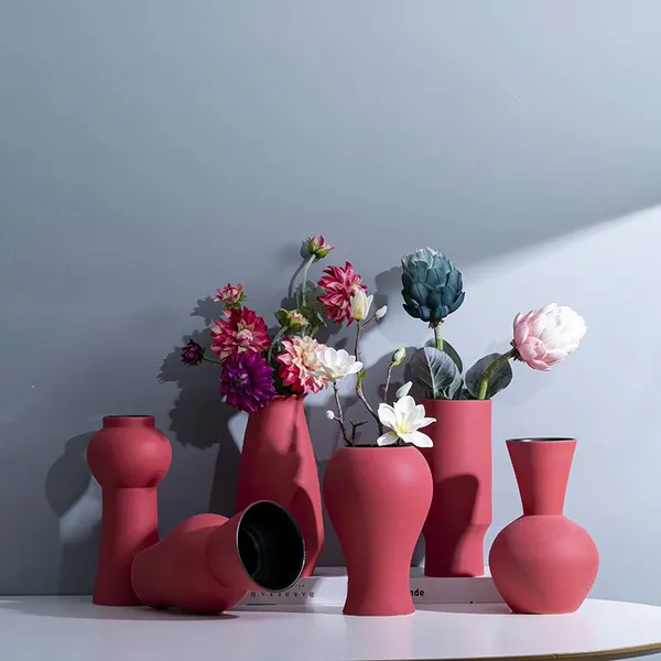 Red European Morandi Color Simple Modern Fashion Ceramic Plant Vase For Hotel Decor photo-4