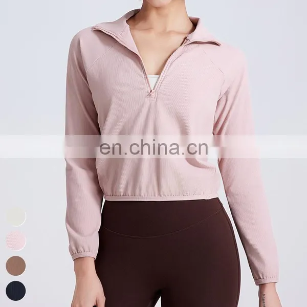 Women Clothing Loose Stand-up Collar Sport Coat Custom Running Wear Gym Fitness Tops Women Half Zipper Yoga Jacket With Pocket photo-3