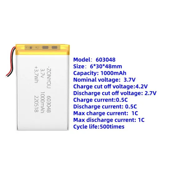 ZonYou New Material 1000mah 603048 Li-Po Battery with LiNiMnCoO2 Cathode 500 Cycles 18g for Power Tools & Consumer Electronics